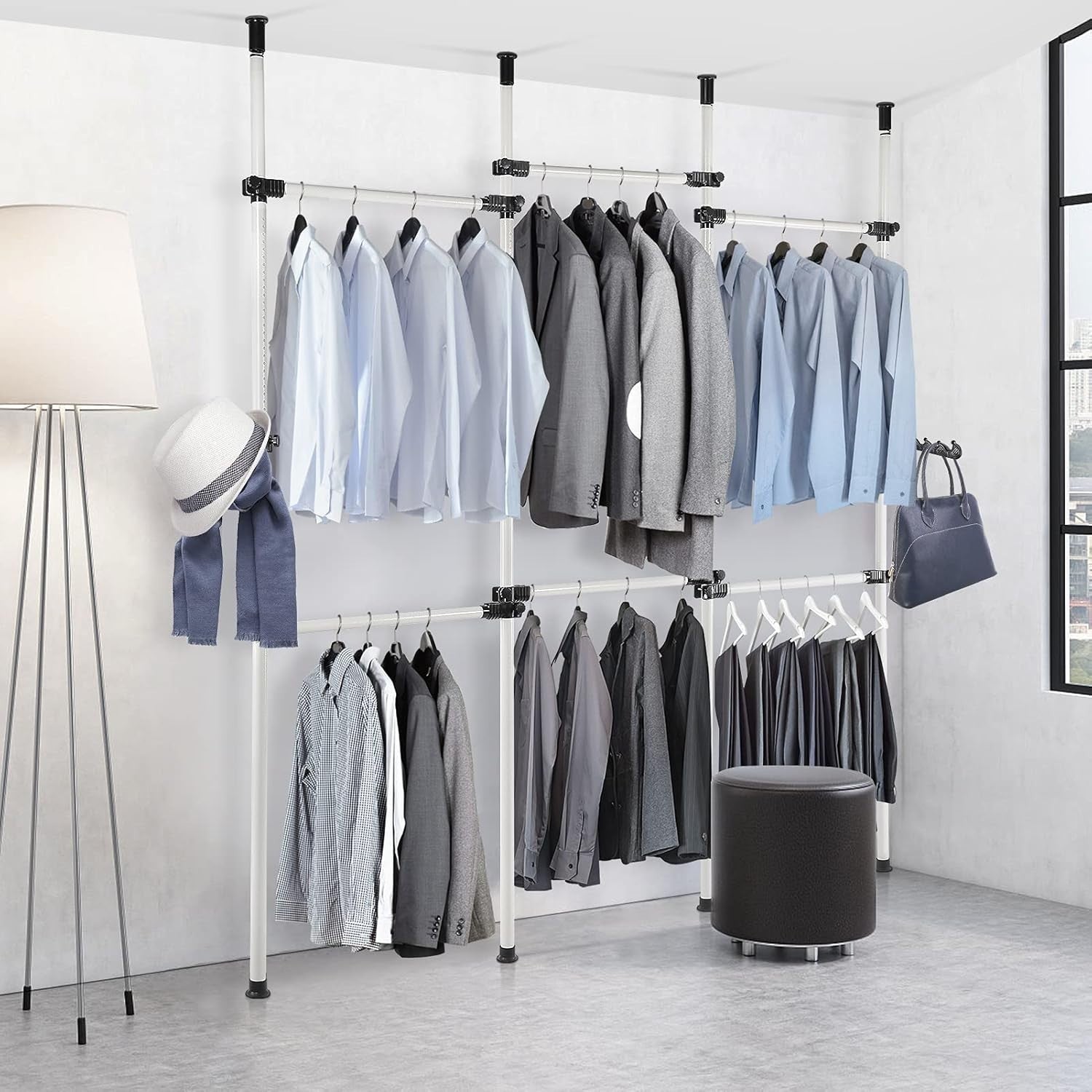 Heavy Duty Adjustable Telescopic Clothes Rack 4 Poles 6 Bars