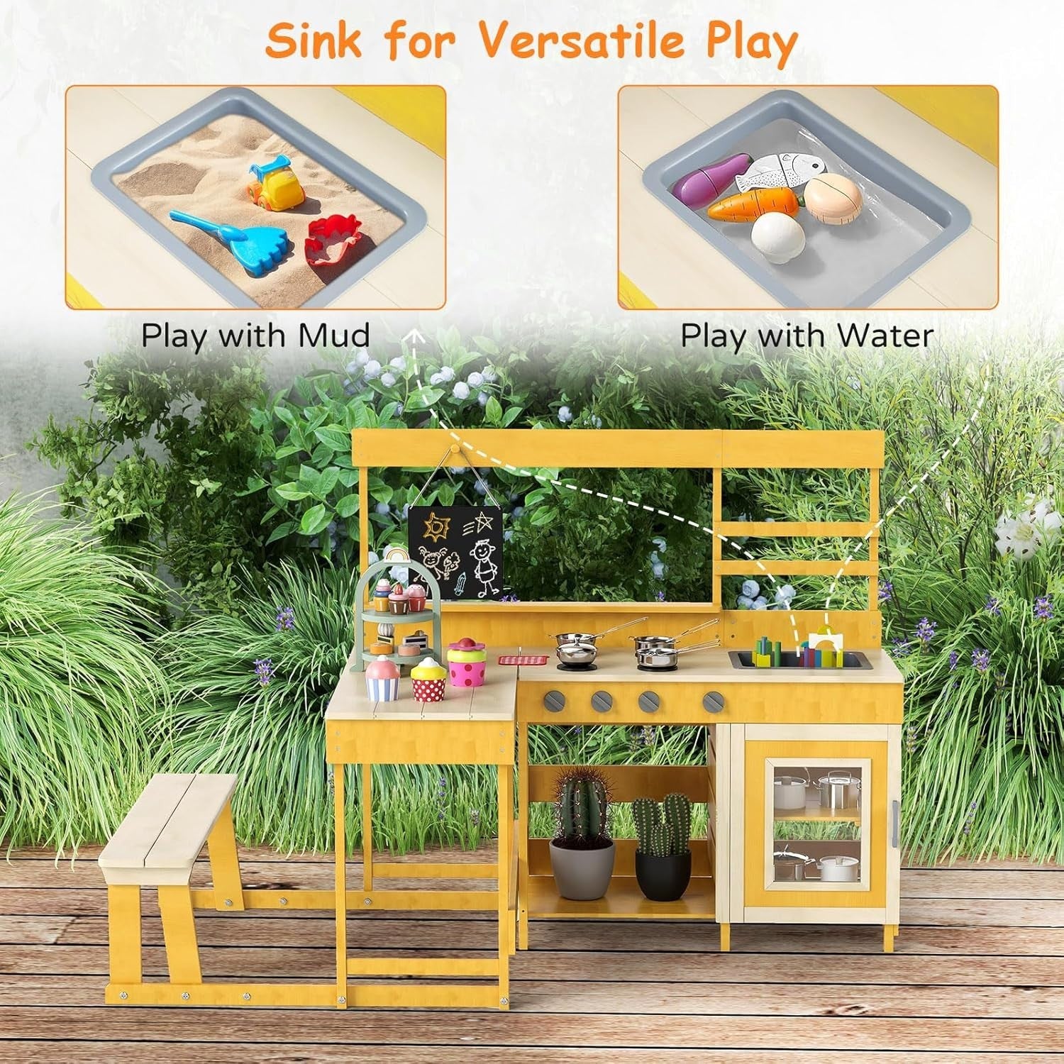 Outdoor Mud Kitchen Kids Wooden Playset w/ Picnic Table Blackboard