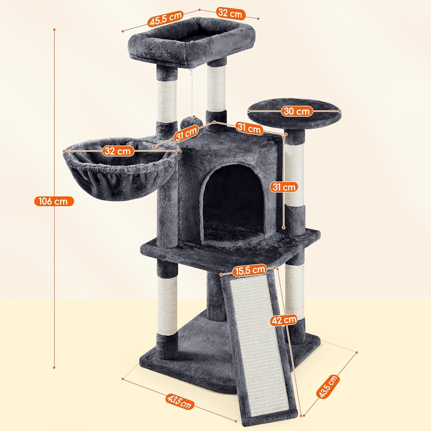 Cat Tree 107cm Climbing Tower Scratching Posts Condo Basket for Indoor Cats