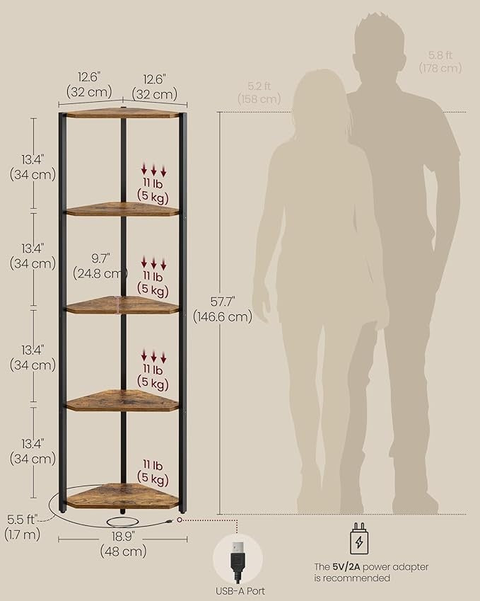 5-Tier LED Corner Shelf Unit Rustic Brown | Slim Space-Saving Display Bookcase