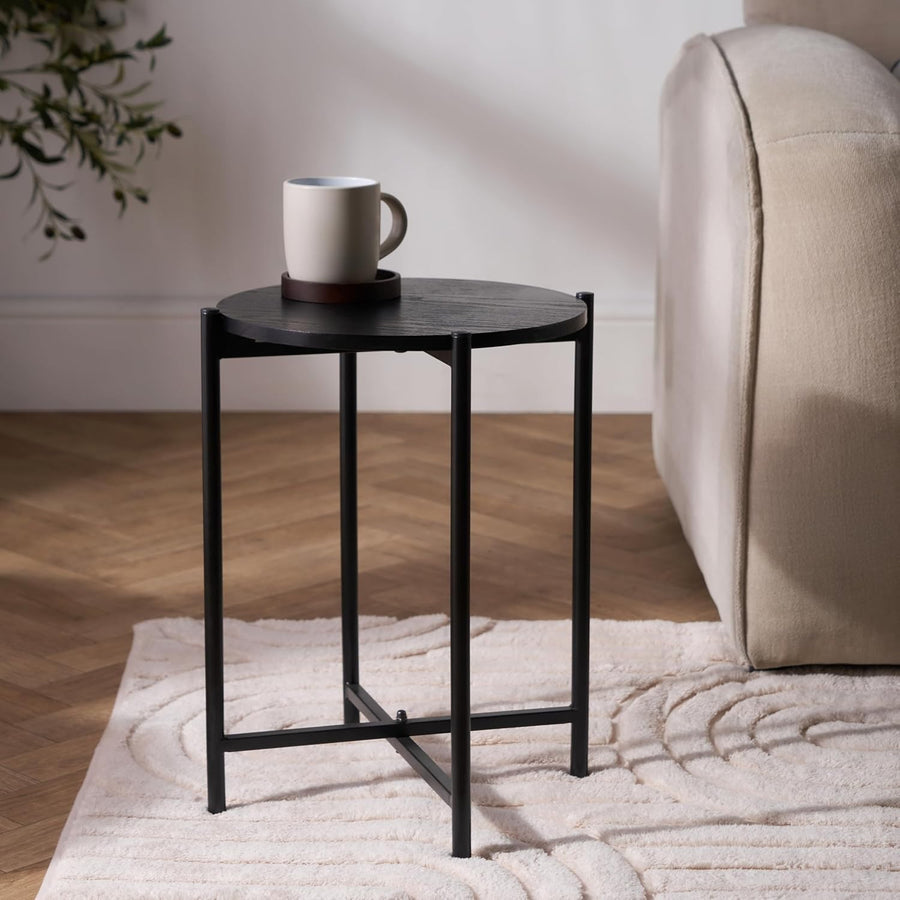 Round Black Marble Look Side Table Small Coffee End Table with Metal Frame