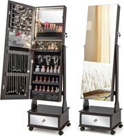 LED Standing Jewelry Armoire Lockable Mirror Cabinet with Wheels Coffee