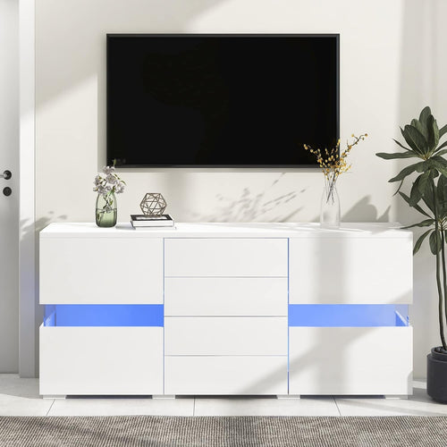 White LED Sideboard Cabinet Gloss Unit 4 Drawers 2 Glass Doors Modern**
