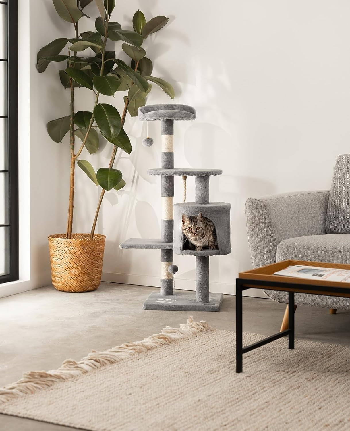 Cat Tree Scratching Post Tower 112cm with Condo Sisal Rope Light Grey