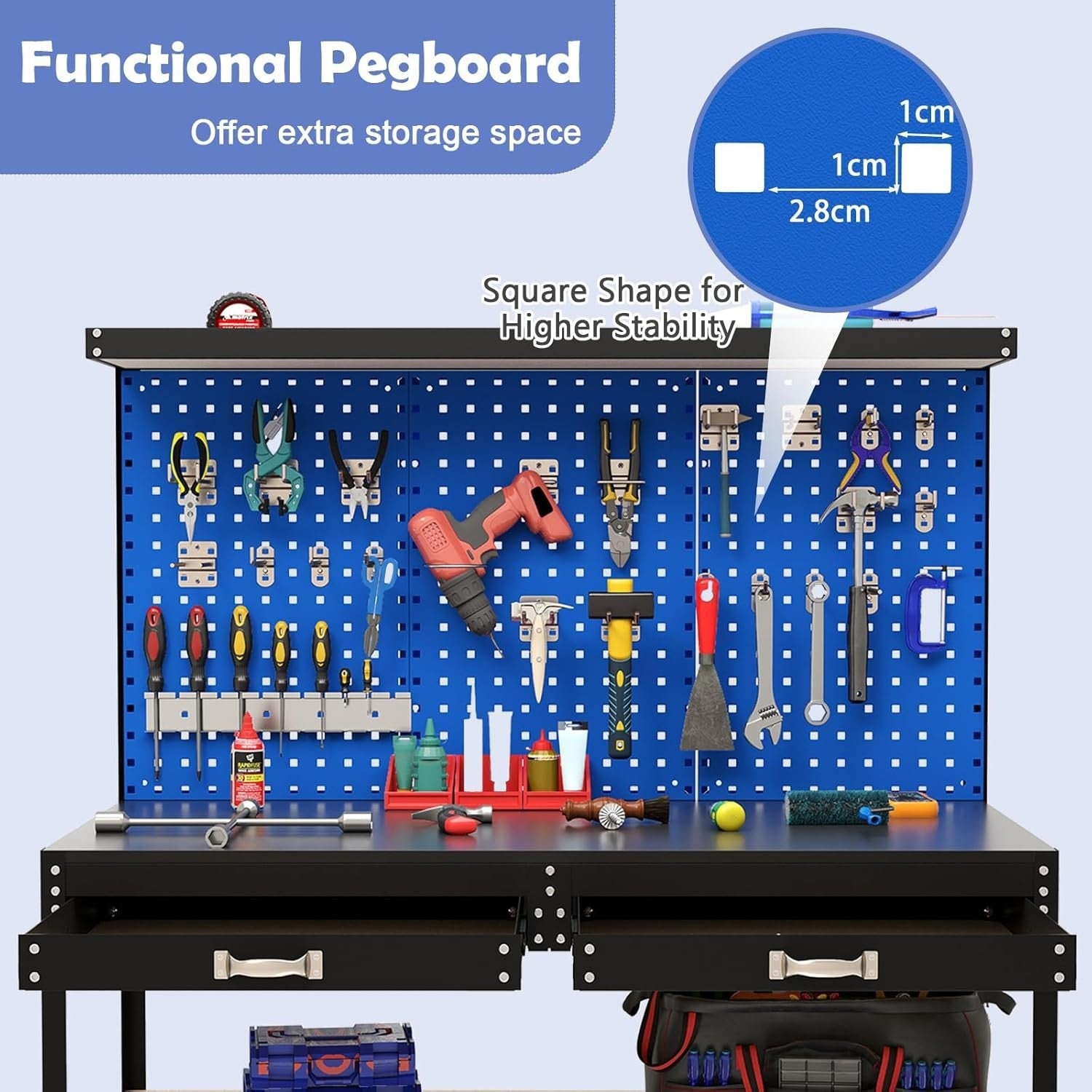 Heavy Duty Garage Workbench with Pegboard Drawers Hooks Tool Station 121x61