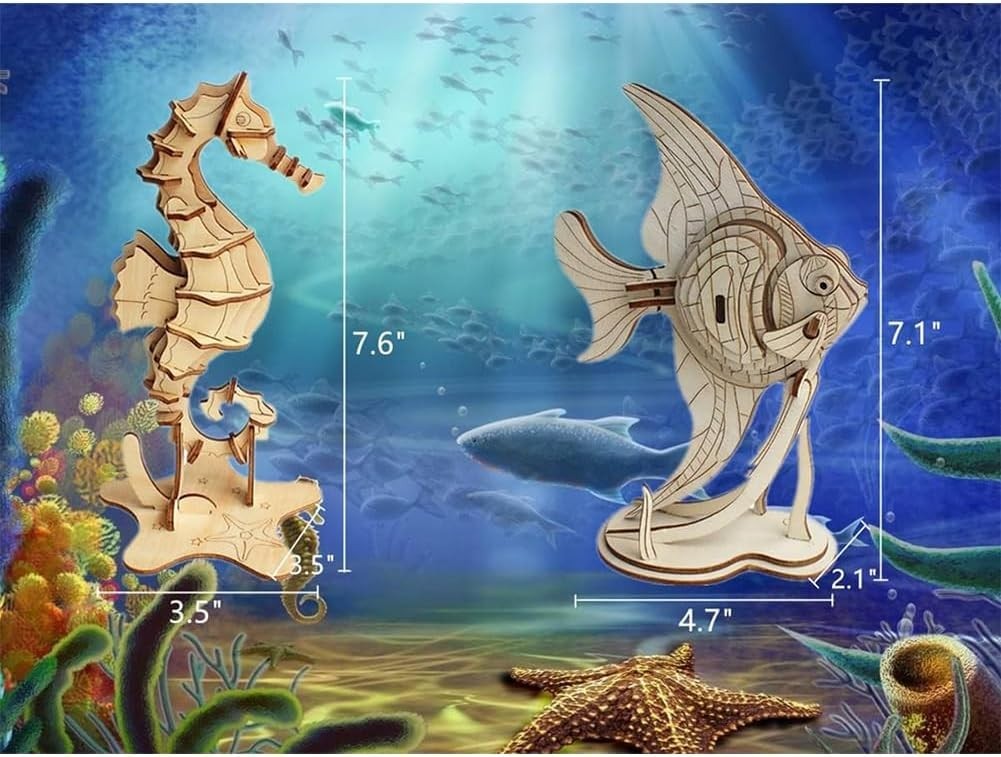 Wooden 3D Sea Life Puzzle Set – 6 Marine Animal Models with Stands, DIY Kit
