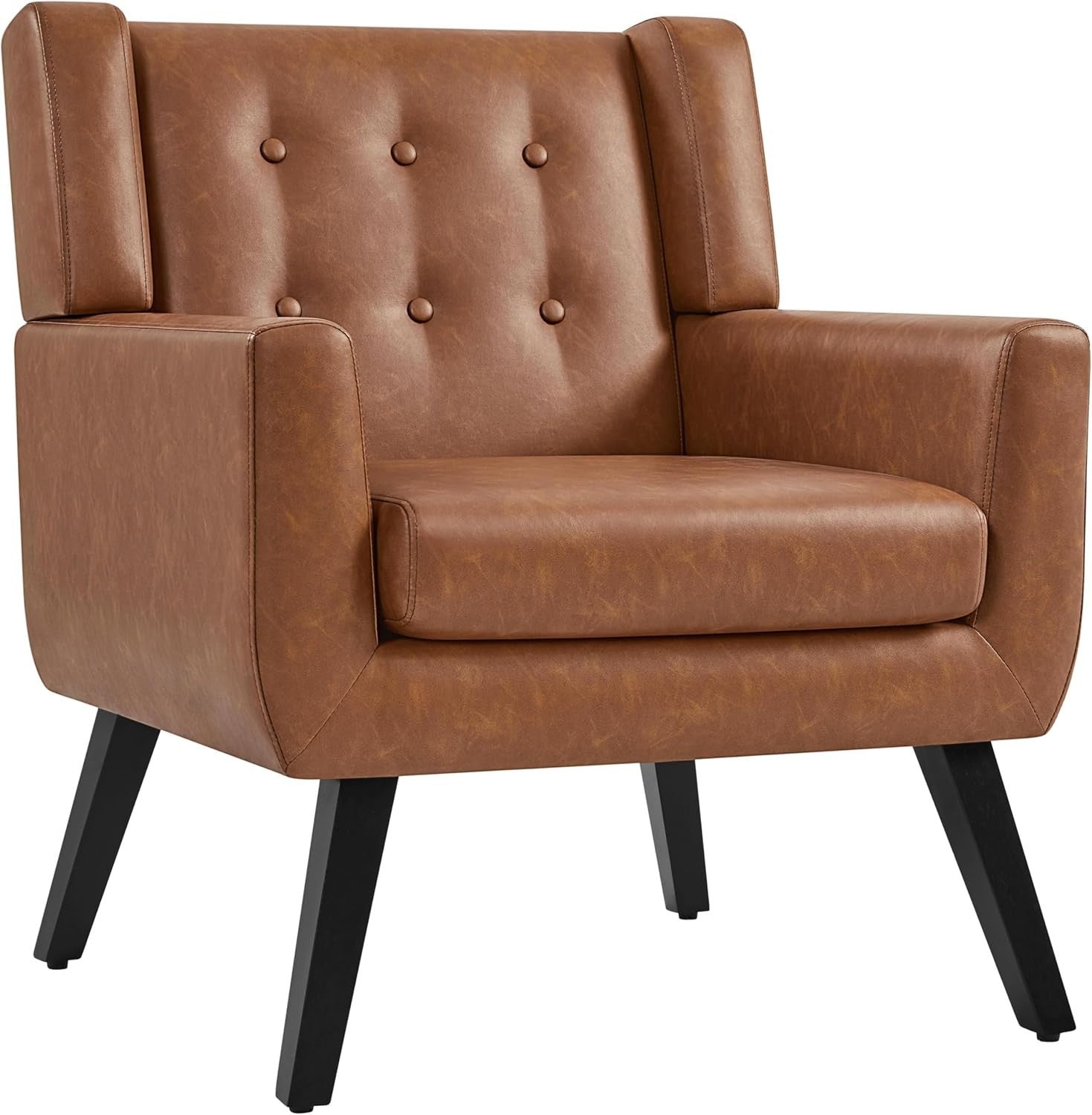 Retro Brown Tufted Armchair with Thick PU Cushion & Sturdy Wood Legs