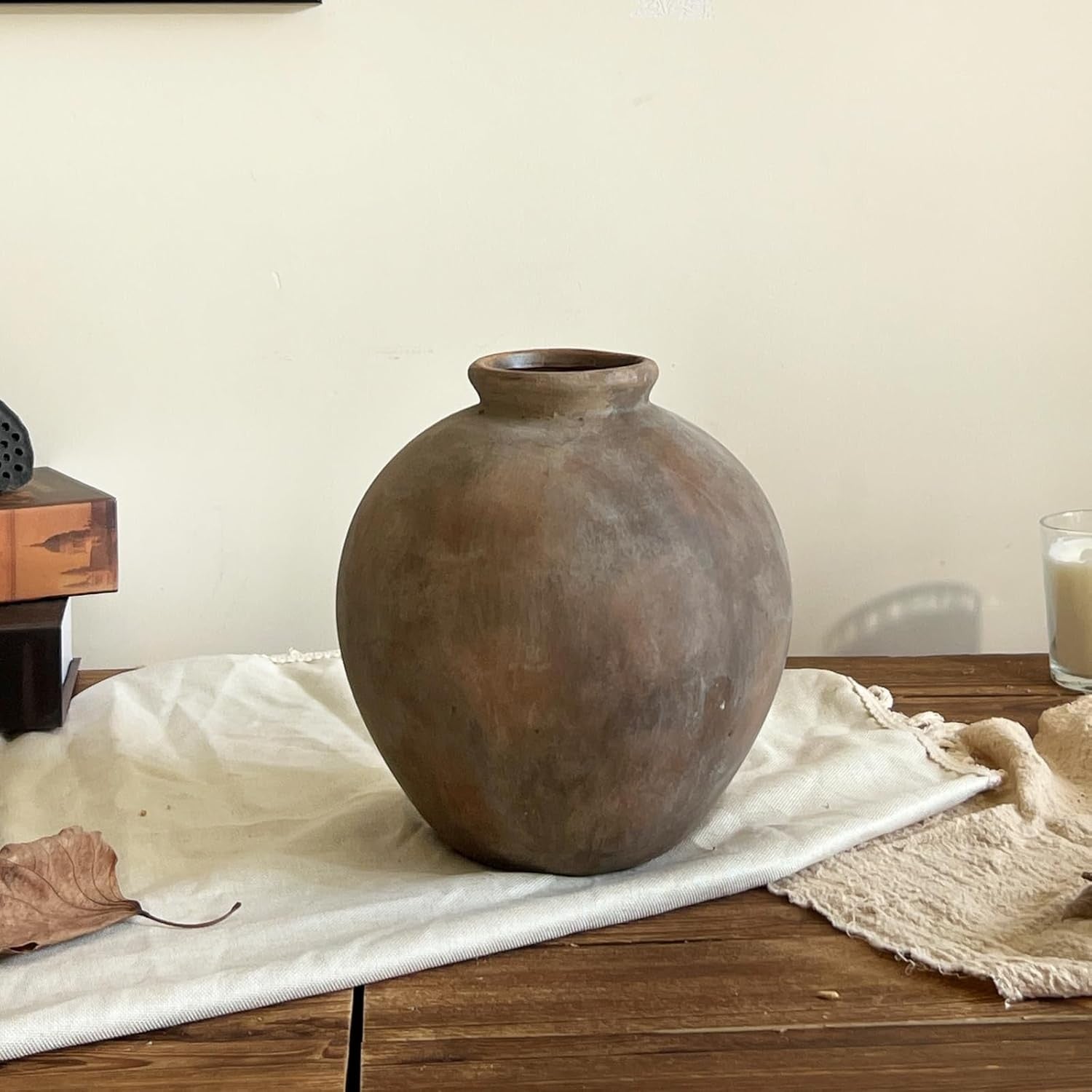 Large Rustic Ceramic Vase Brown Round Decorative Flower Vase 22cm Home Decor
