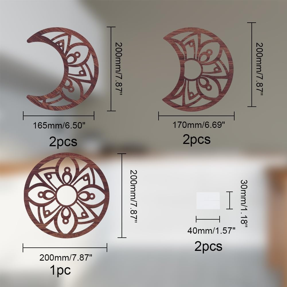 5pcs Moon Phase Wall Decor Boho Wood Flower Hanging Brownish Red