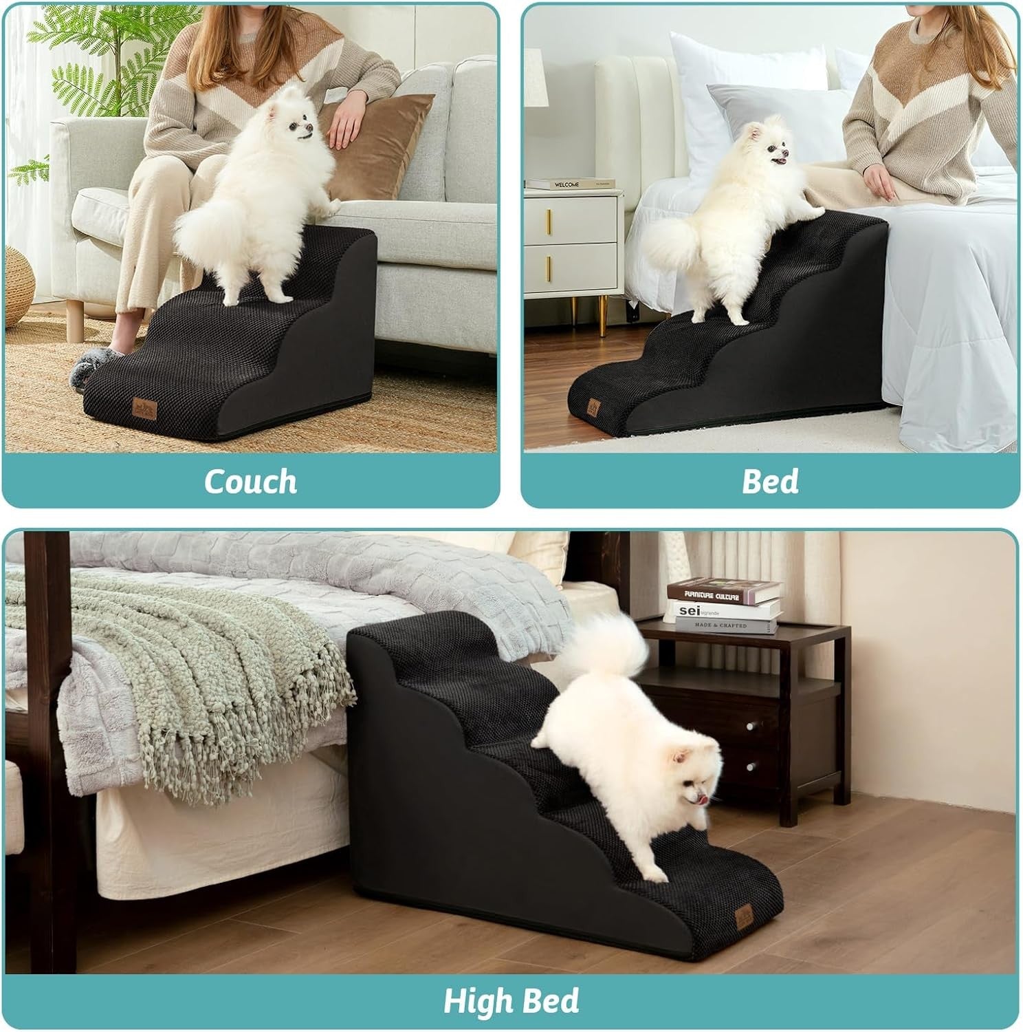 Dog Stairs 3 Step Foam Pet Ramp for Bed Sofa Leakproof Cover