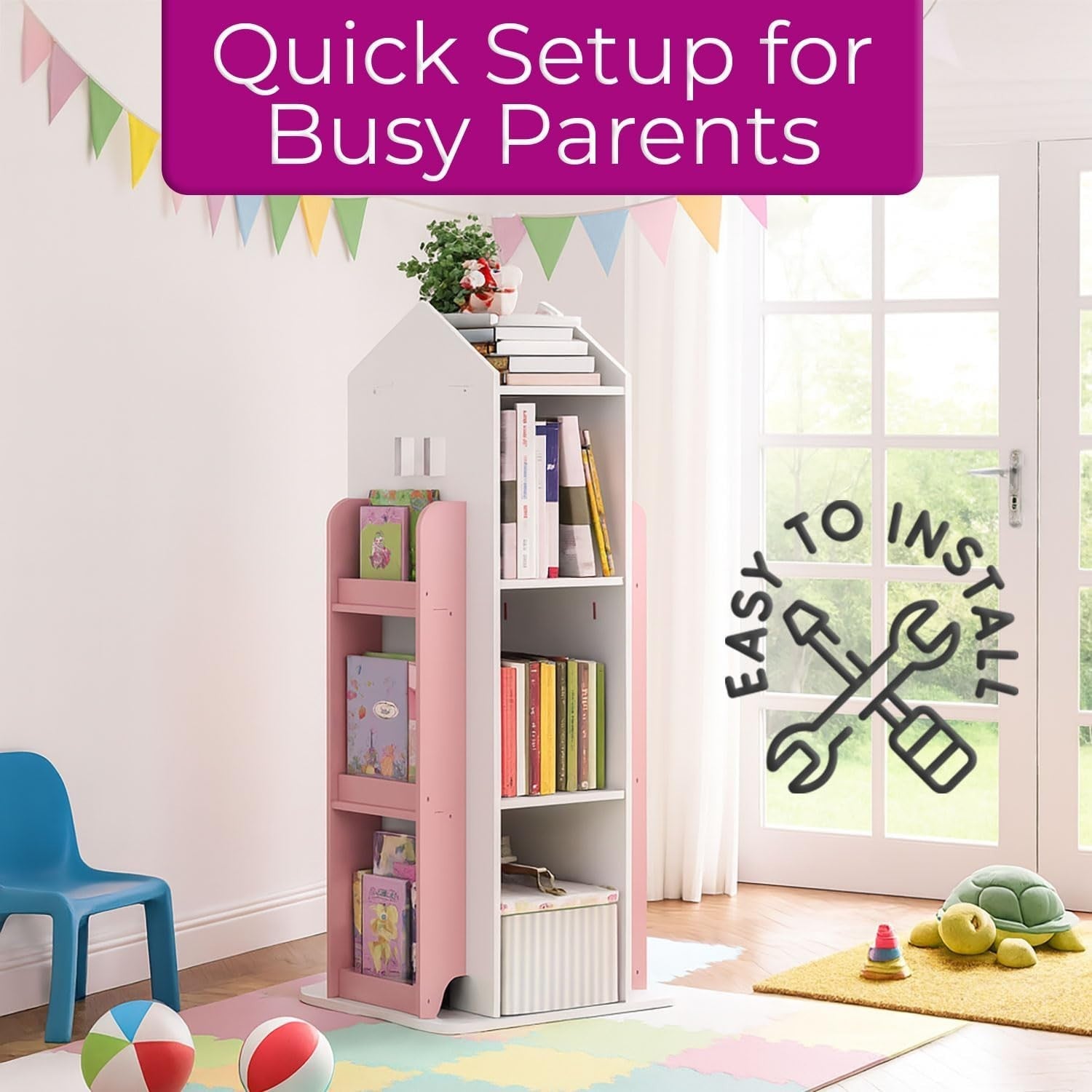 360° Rotating Kids Bookshelf 10-Shelf Freestanding Space-Saving Bookcase Pink