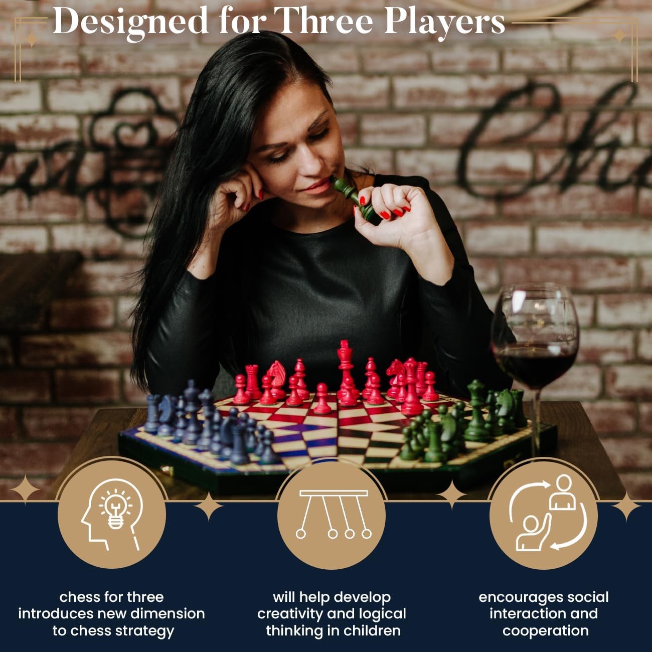 XL 3-Player Wooden Chess Set 54×47cm Hexagonal Board Handcrafted Travel Game