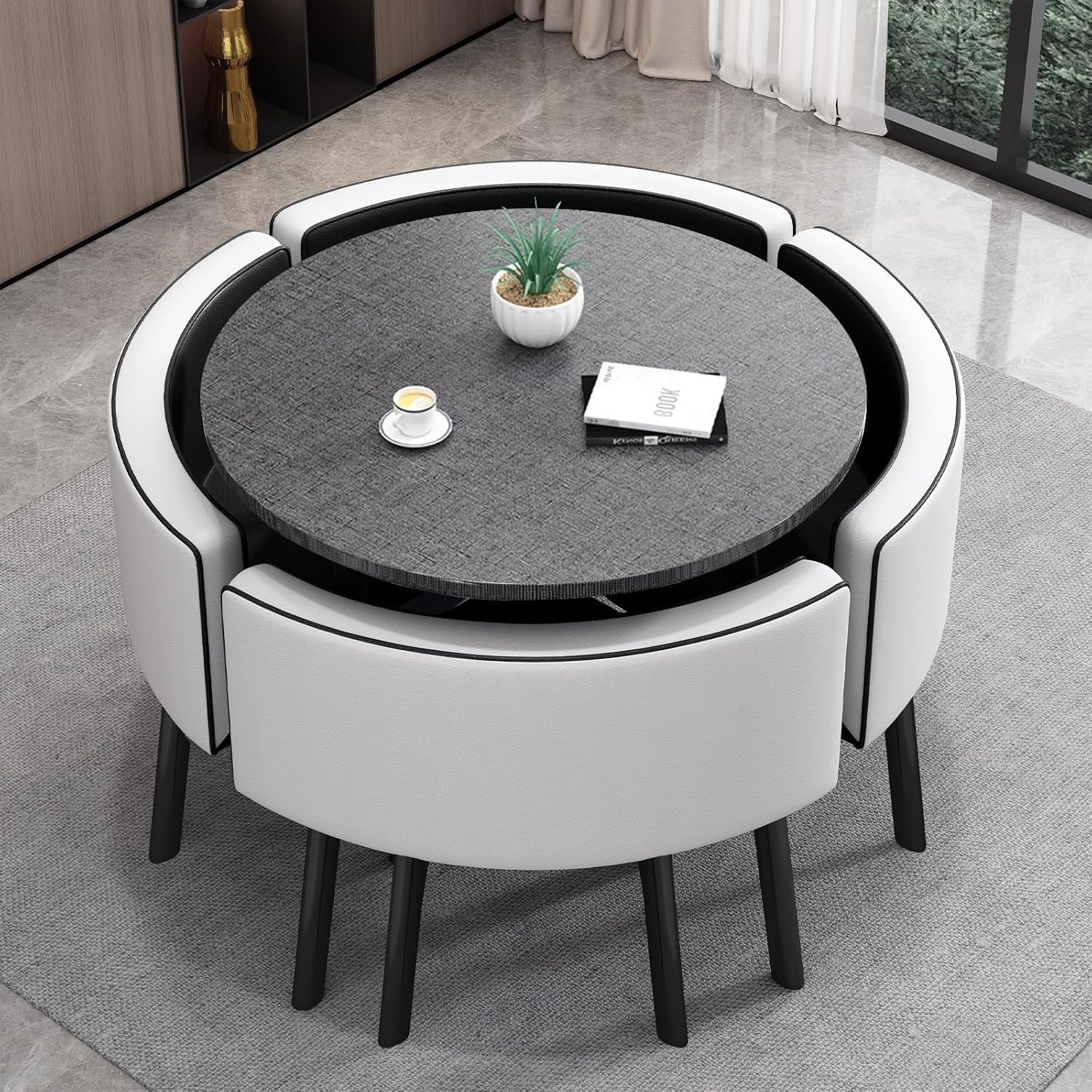 Modern 35.4" Grey Dining Table Set with 4 Chairs – Space-Saving Faux Marble