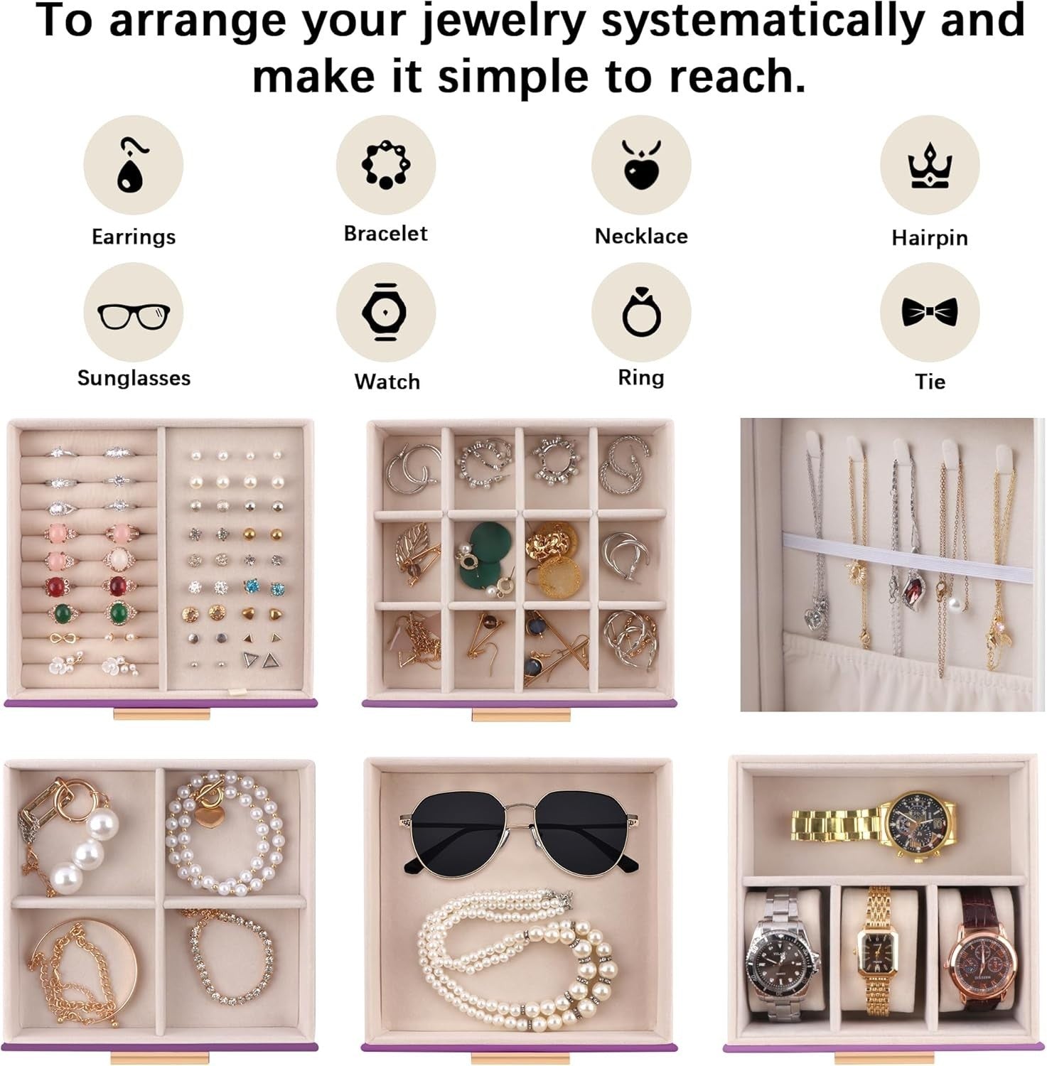 Purple PU Leather Jewellery Organizer Box Drawer Storage for Rings Watches