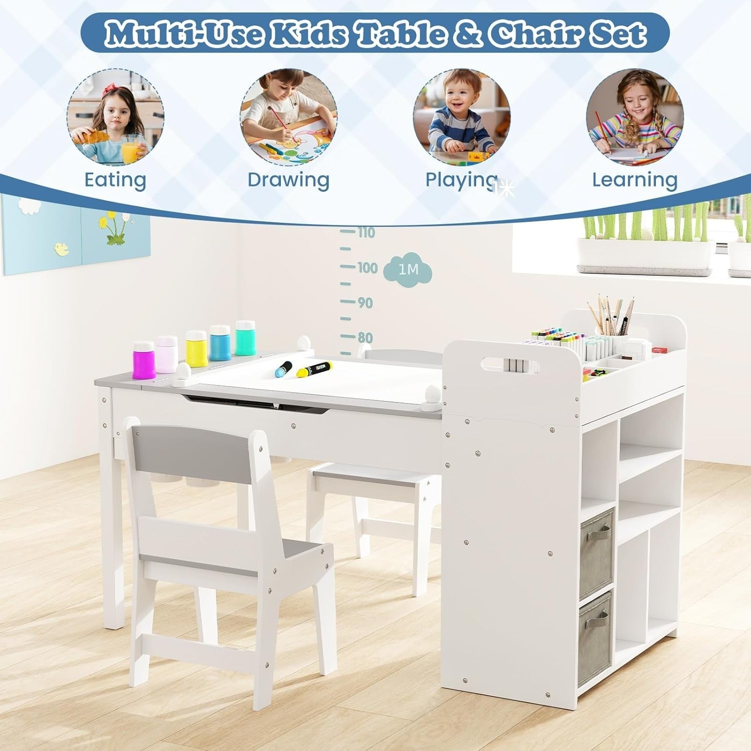 Kids Wooden Art Table and Chairs Set w/ Flip Top Easel Paper Roll Storage Grey