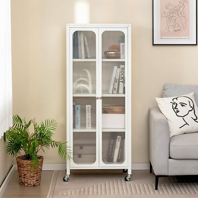 White Metal Storage Cabinet with Translucent Doors, Adjustable Shelves & Wheels