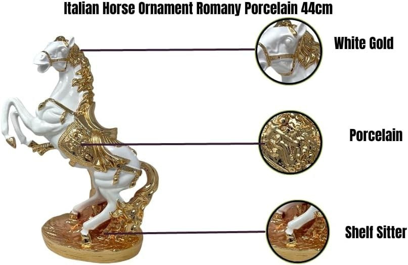 Luxury 44cm Porcelain Horse Statue • White Gold Figurine • Elegant Home Decor