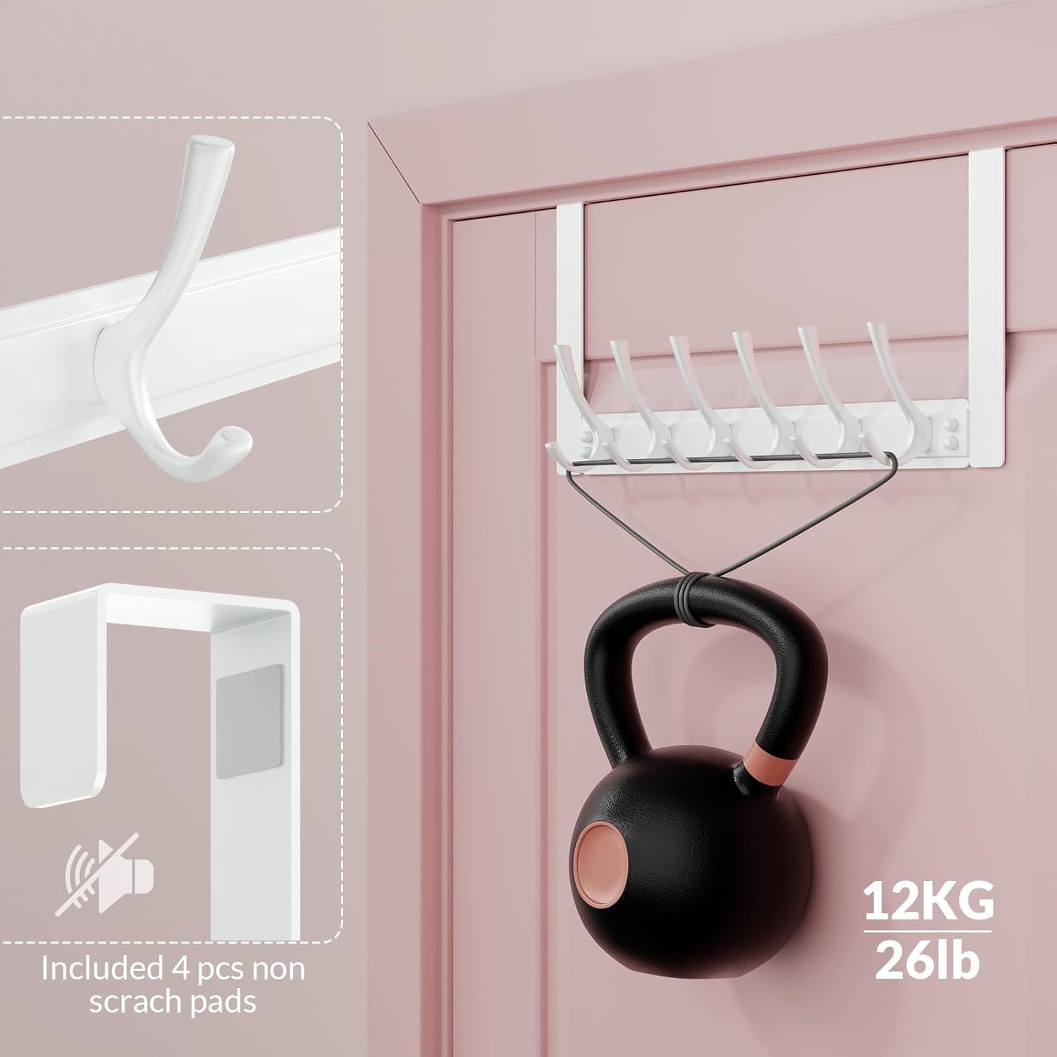 2 Pack White Over Door Hook Rack 6 Hooks Heavy Duty Coat Towel Hanger
