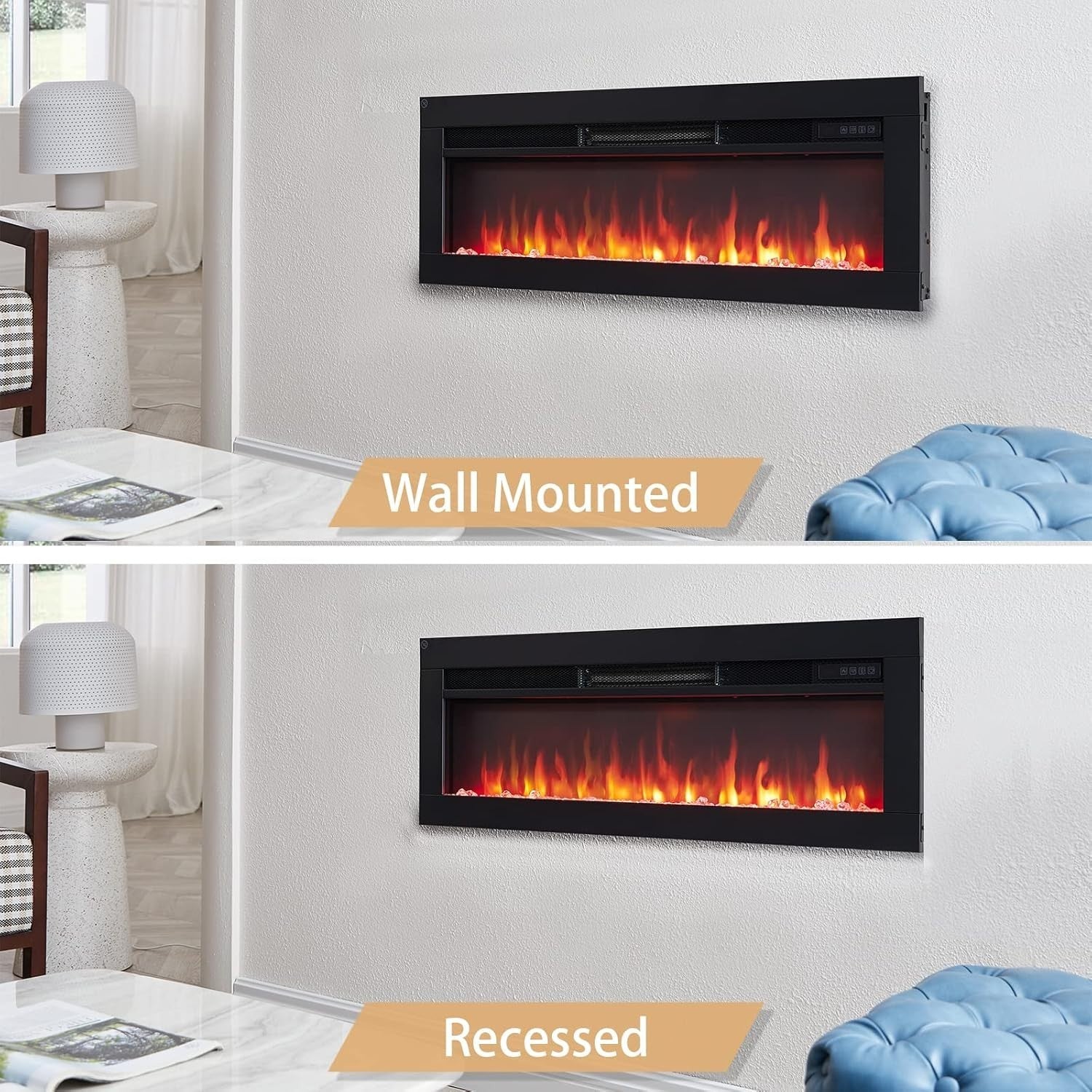 36” Wall Mounted Electric Fireplace Heater LED Flame Logs Remote 1800W