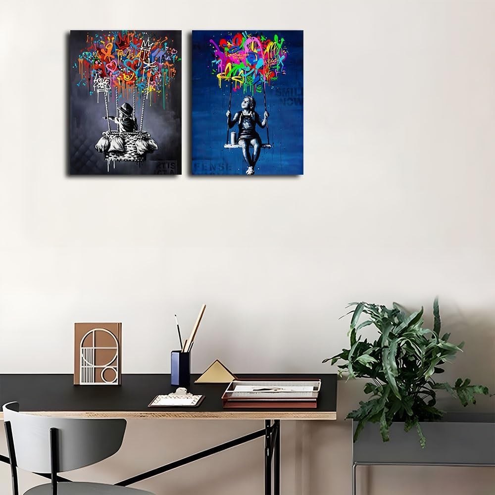 Banksy Street Graffiti Canvas – Large Colorful Abstract Wall Art 36x24in