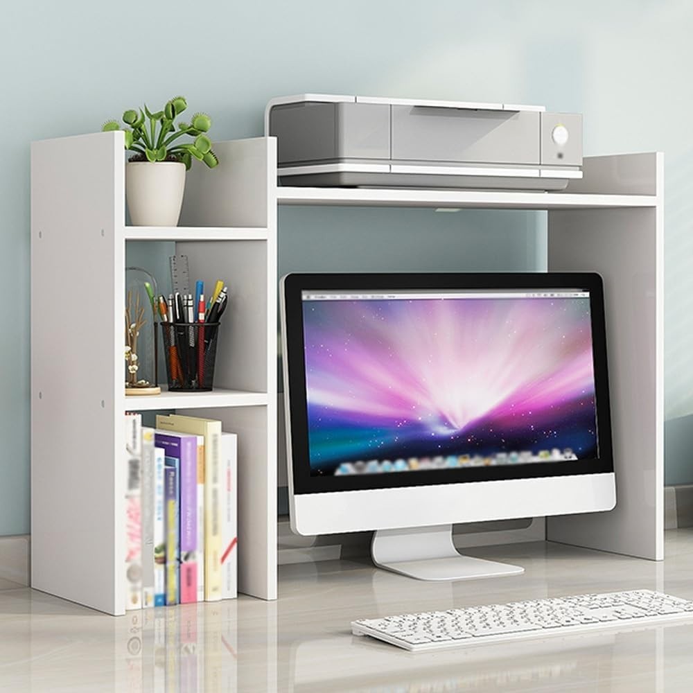 Wood Desk Hutch Organizer | White 5-Compartment Desktop Bookshelf 88.6×30×58.3cm