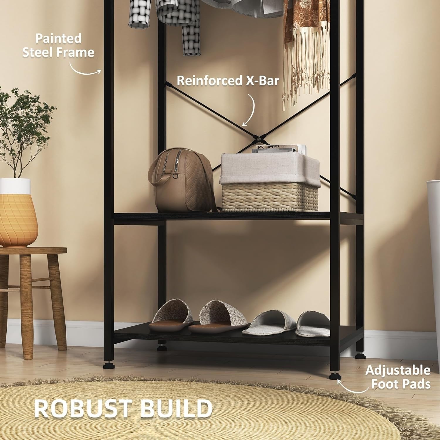 2-in-1 Coat Rack Hall Tree with Shoe Storage, Black Steel Frame, 2 Shelves