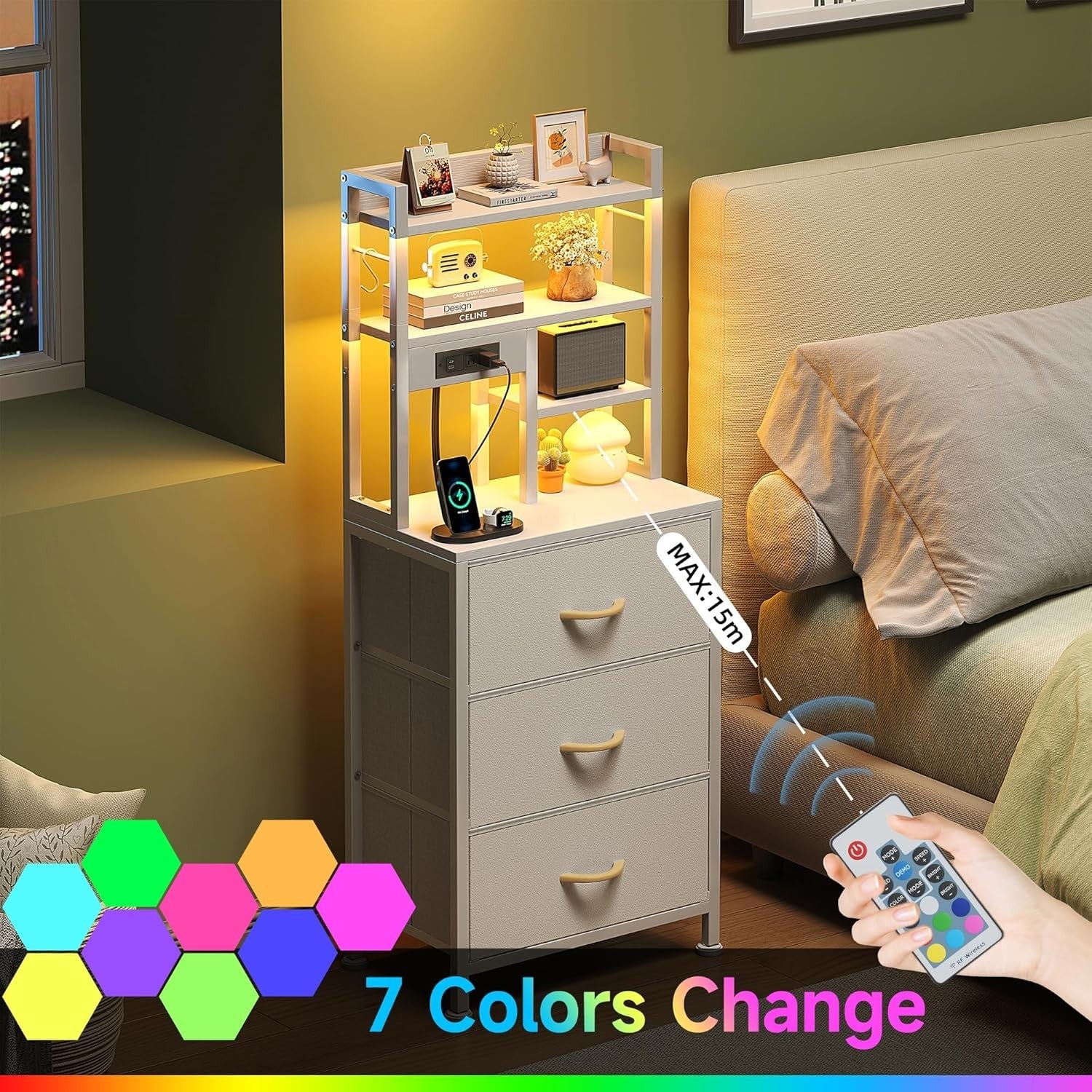 Tall White Bedside Table with LED Lights Charging Ports Shelves Drawers Storage