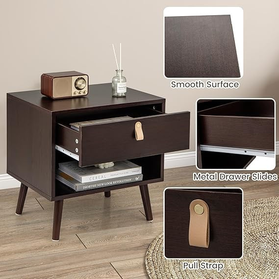 Mid-Century Bedside Table with Drawer & Shelf, Solid Wood Legs, Small Space