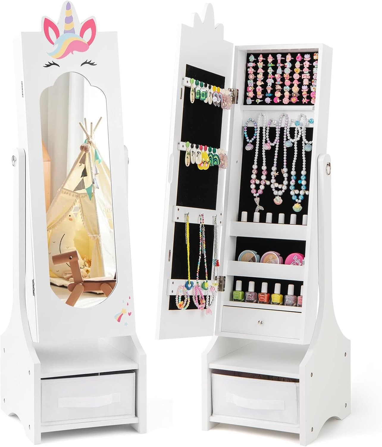 White Jewellery Cabinet Armoire Full Length Mirror Storage for Girls