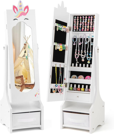 White Jewellery Cabinet Armoire Full Length Mirror Storage for Girls