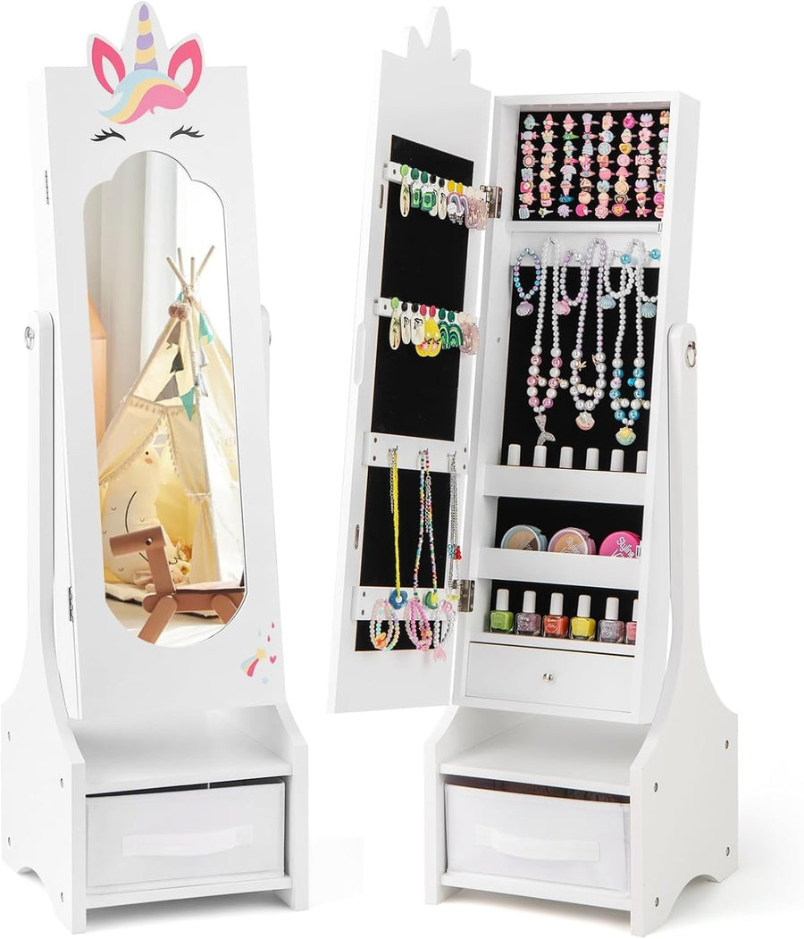 White Jewellery Cabinet Armoire Full Length Mirror Storage for Girls