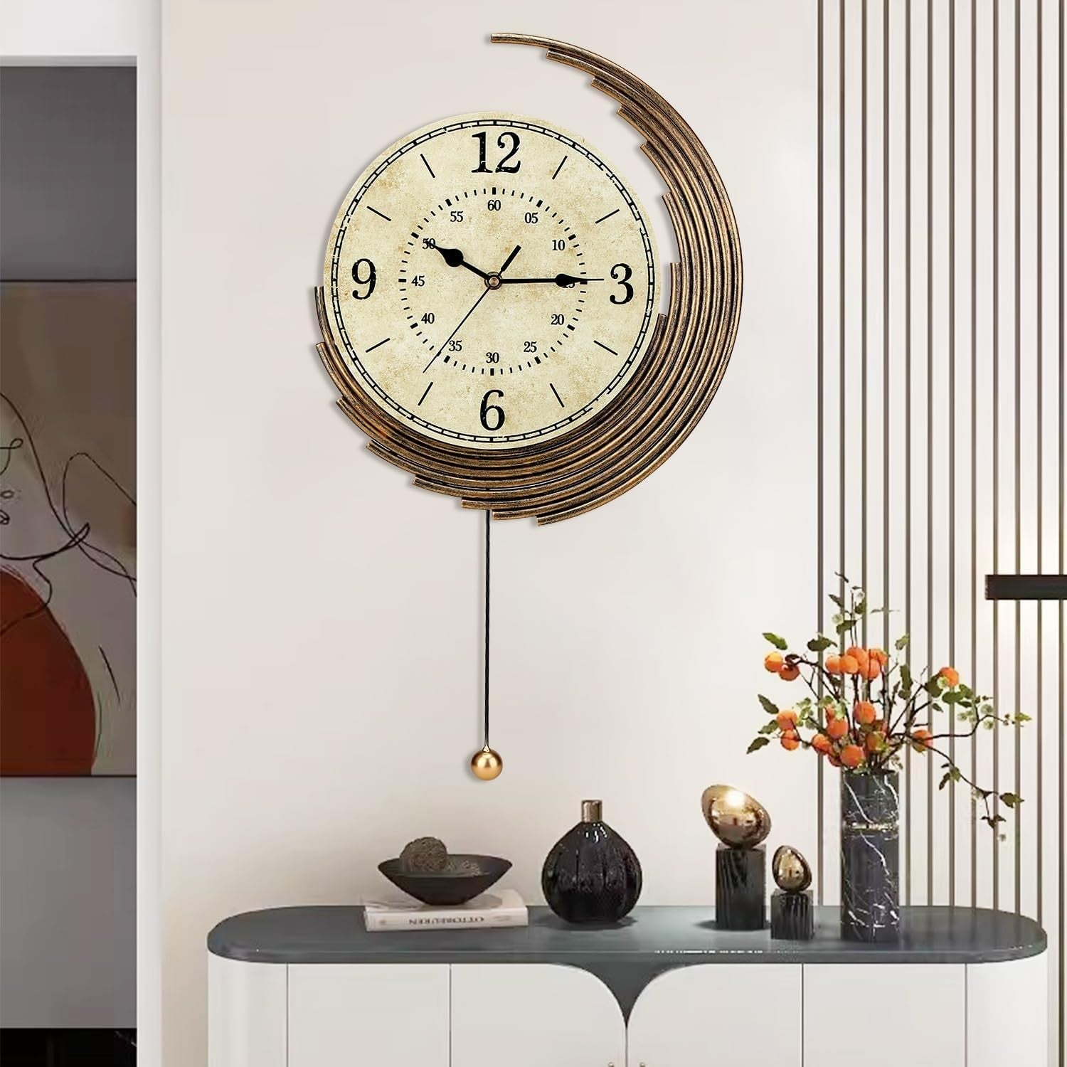 Vintage Silent Wall Clock with Pendulum Large Quartz Retro Golden Home Decor
