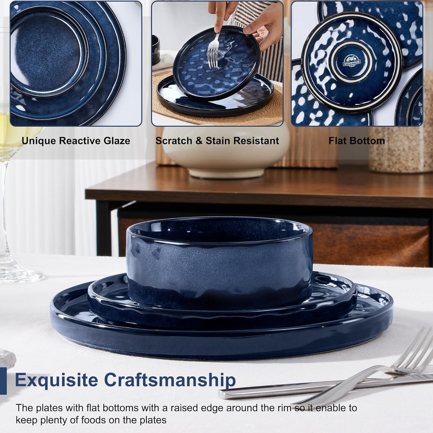 12 Piece Stoneware Dinner Set Plates Bowls Glaze Dishwasher Safe