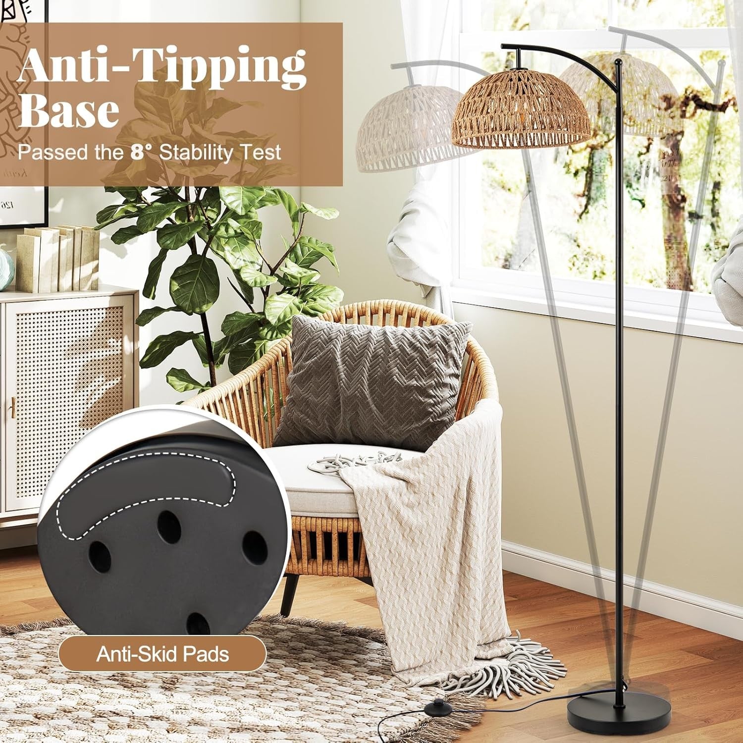 Arc Floor Lamp Woven Shade Foot Switch Tall Modern Standing Reading Light