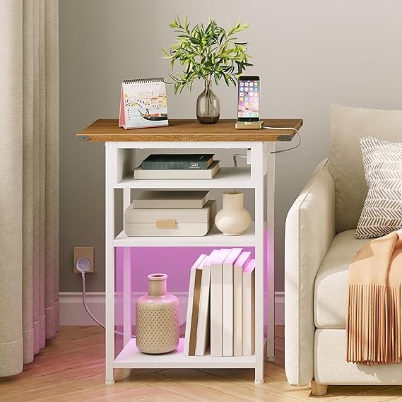 Slim LED Bedside Table with Charging Station, 3-Tier Nightstand for Small Spaces