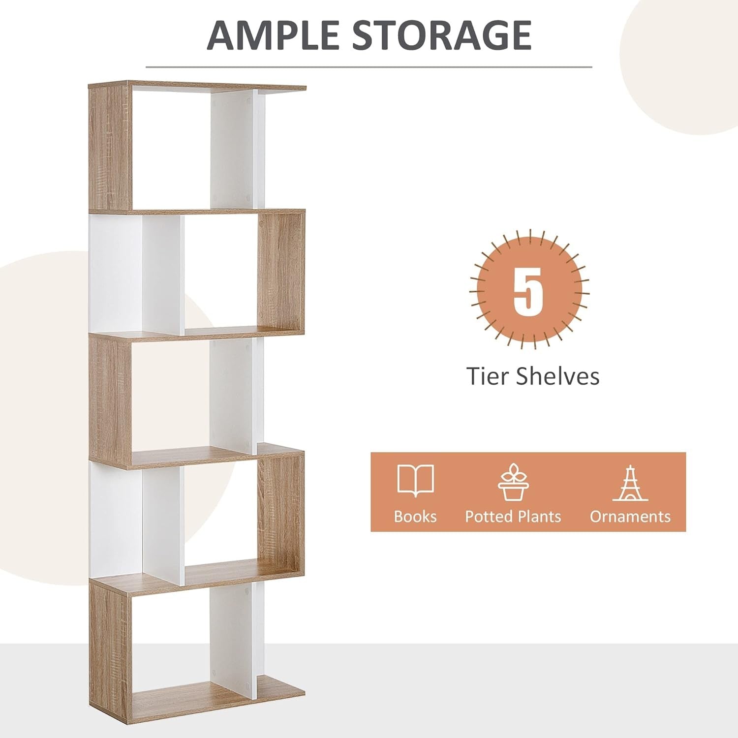 Modern S-Shape 6-Tier Freestanding Bookcase Oak & White – Stylish Display Shelf