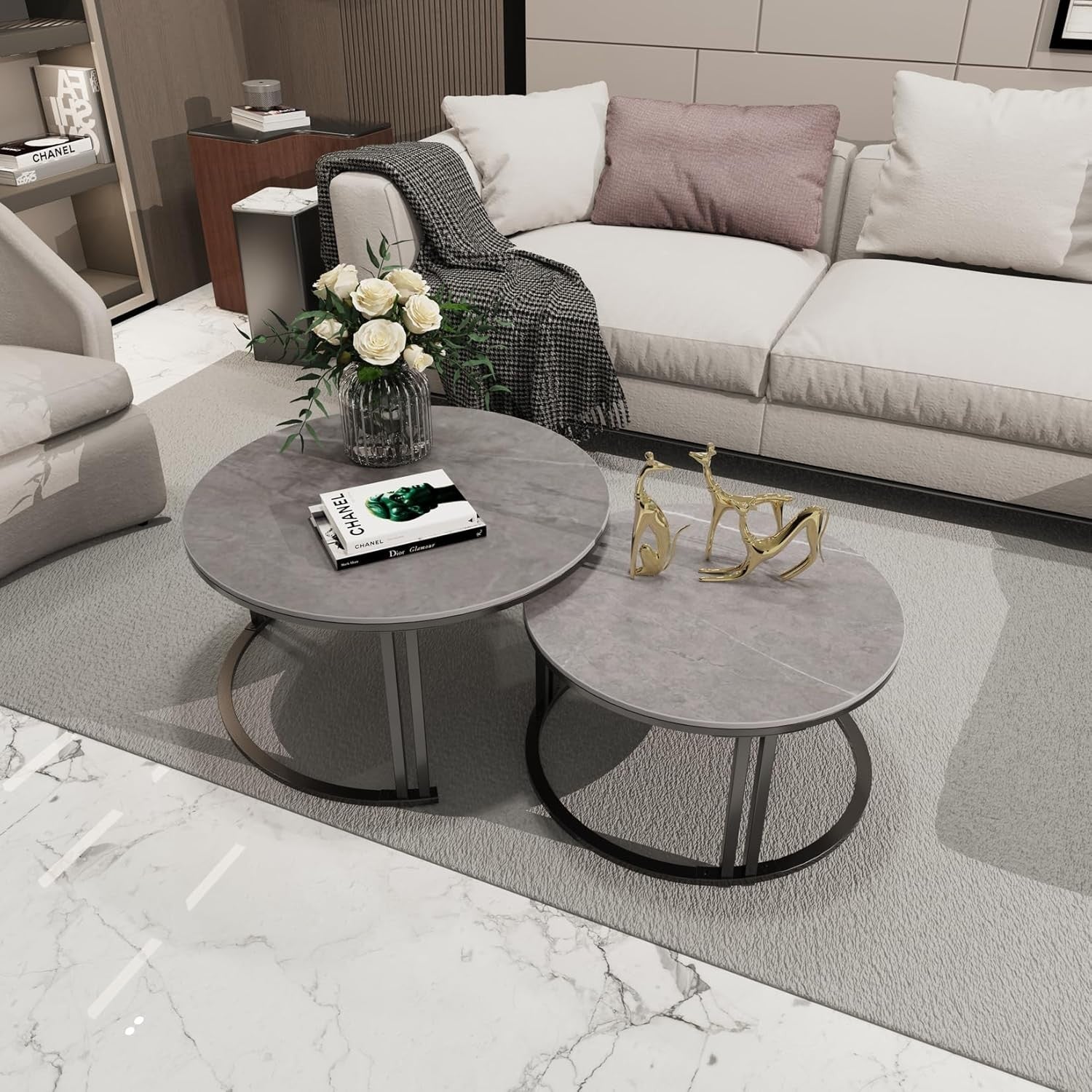 Space Saving Nesting Coffee Table Set 2 Round Marble Stone Metal Living Room