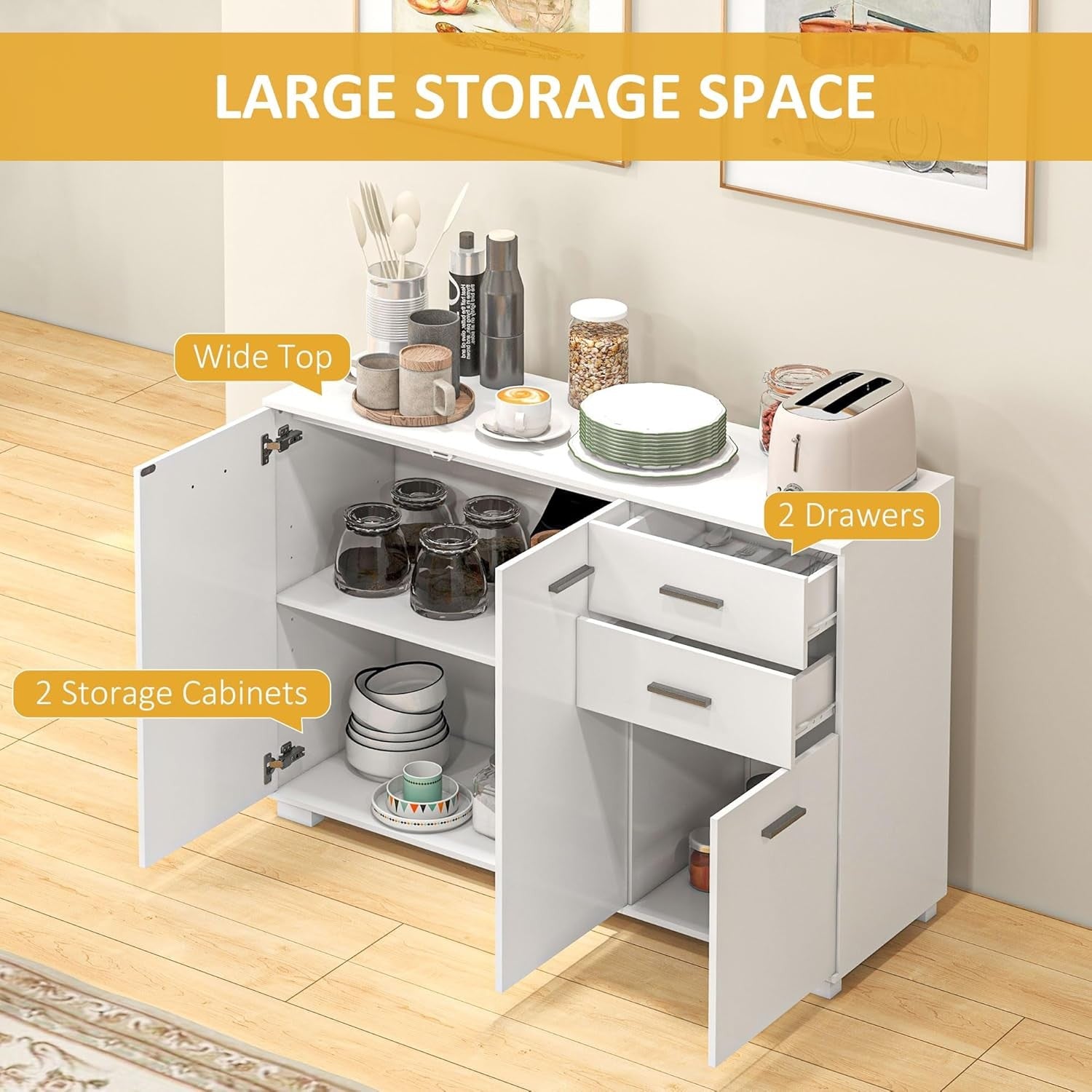 High Gloss White Sideboard Cabinet 3 Door 2 Drawer Modern Storage Unit