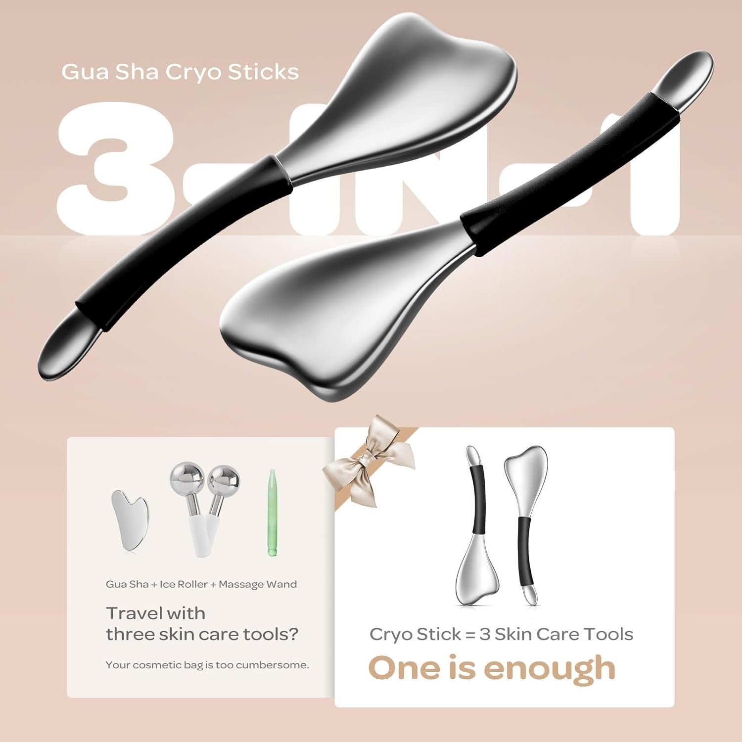 3 in 1 Cryo Gua Sha Ice Roller Stainless Steel Facial Sculpting Set