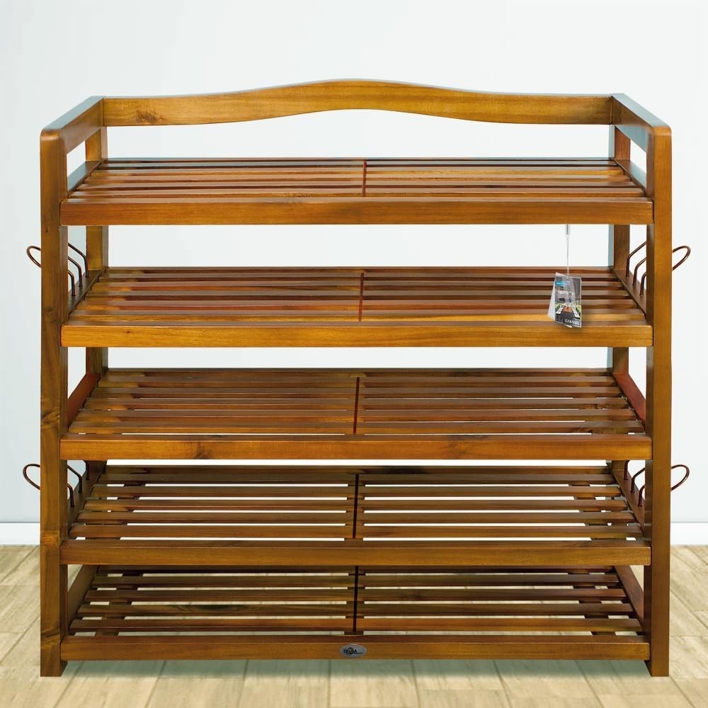 Set of 2 – 5-Tier Solid Acacia Wood Shoe Racks, 95x26x82 cm Dark Brown