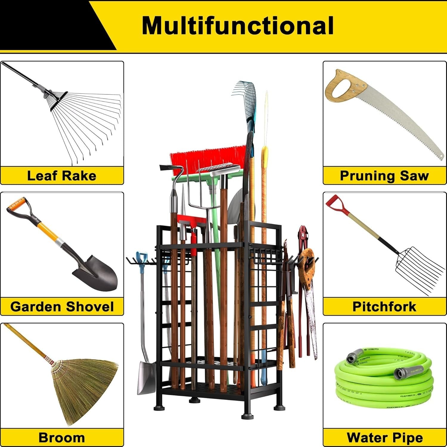 3-Tier Garden Tool Rack Metal Shed Storage Organizer Heavy Duty Black