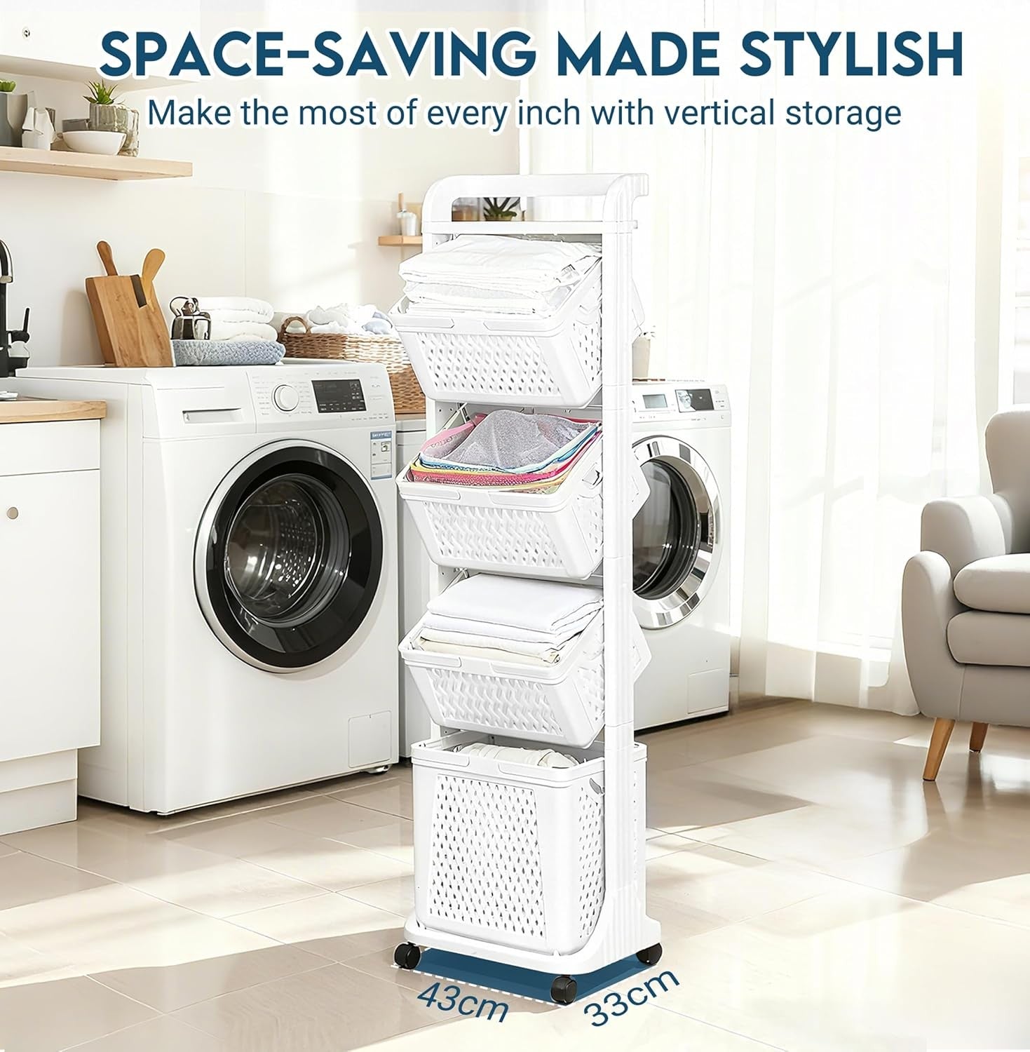 4 Tier Laundry Basket with Wheels 92L – Tall Slim Laundry Sorter with Movable Ba