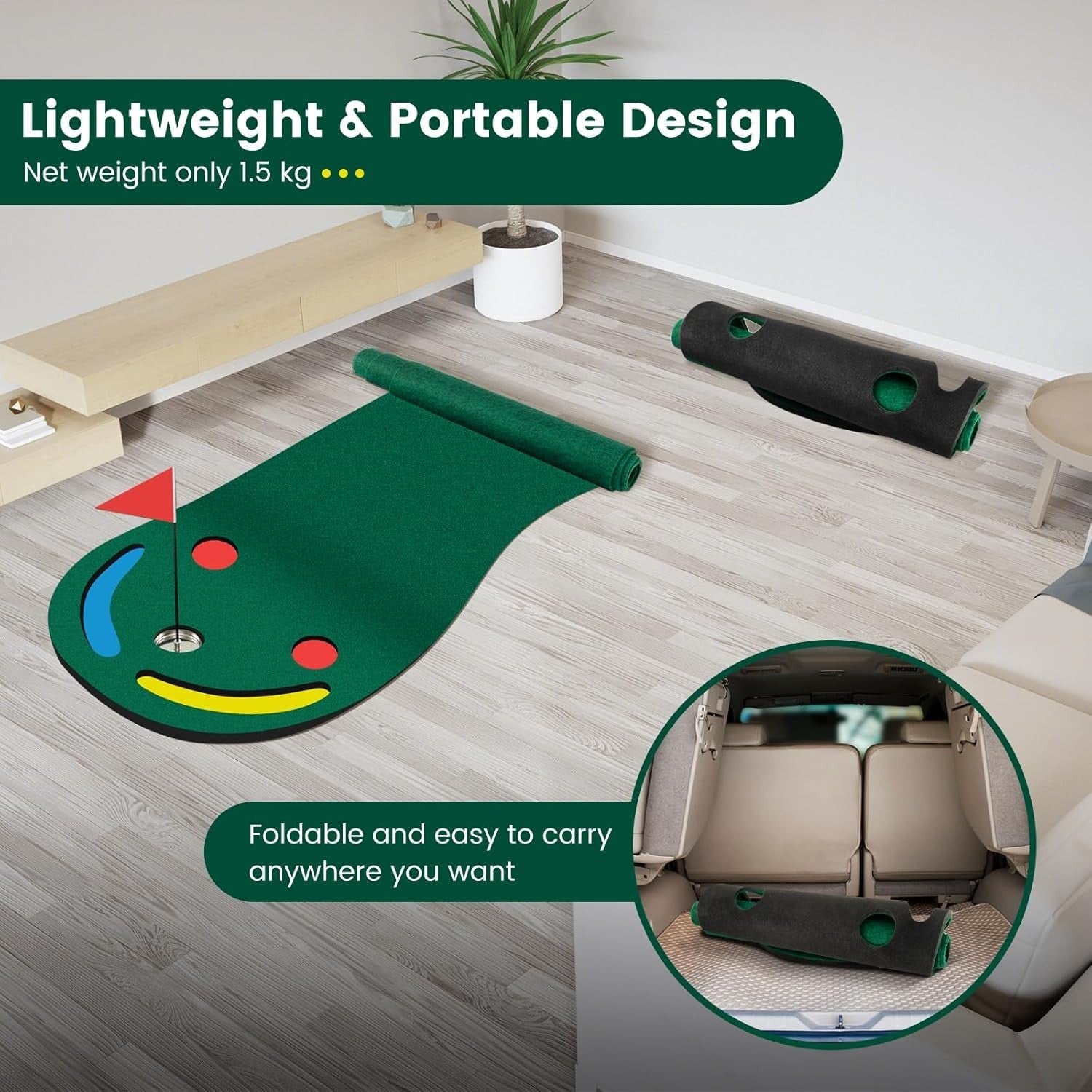 Golf Putting Green Mat Indoor Outdoor Training Set 3 Holes Flag Practice