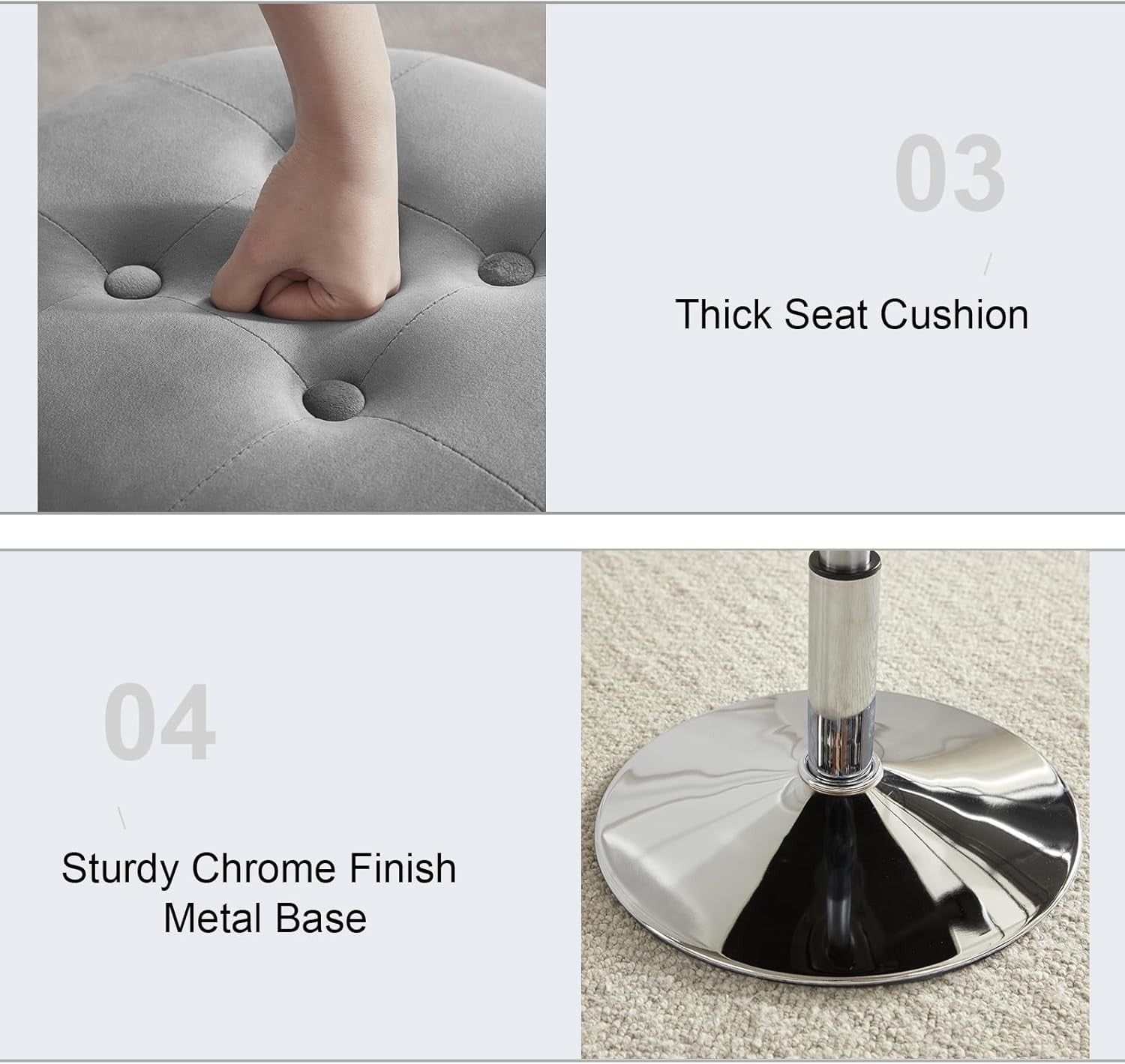 Grey Velvet Adjustable Vanity Chair – Round Swivel Makeup Stool Chrome Base