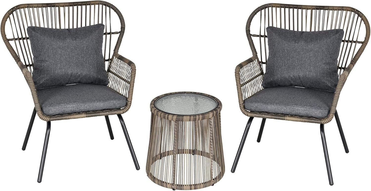 Luxury Rattan Bistro Set 3PC Woven Chairs Glass Table Cushioned Patio Grey