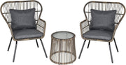 Luxury Rattan Bistro Set 3PC Woven Chairs Glass Table Cushioned Patio Grey