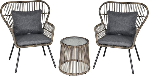 Luxury Rattan Bistro Set 3PC Woven Chairs Glass Table Cushioned Patio Grey