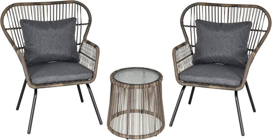 Luxury Rattan Bistro Set 3PC Woven Chairs Glass Table Cushioned Patio Grey