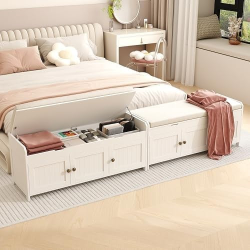 White Shoe Storage Bench with Cushion Seat 3-Door Cabinet & Hidden Compartment
