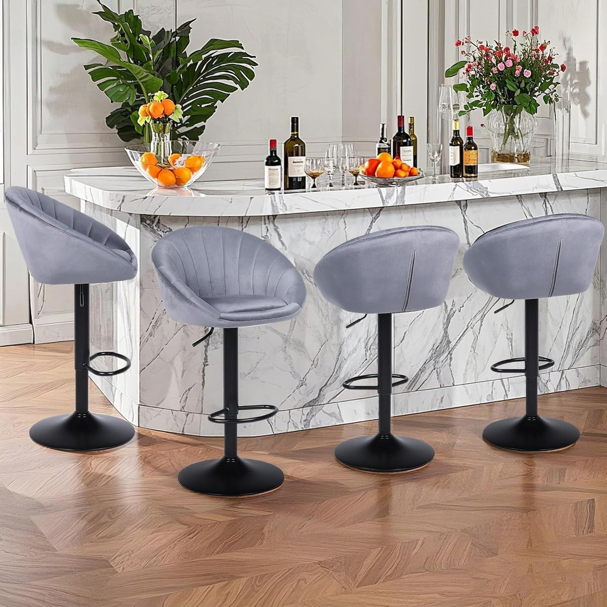 4PC Velvet Bar Stools Grey – Height Adjustable Swivel Kitchen Chairs